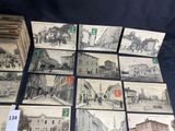 several old black and white photographs of buildings and people on a street
