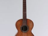 an old guitar hanging on a wall with a white background