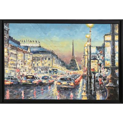 tableau représentant une scène de rue en ville, avec des voitures et des bâtiments sous la pluie