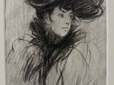 dessin représentant une femme portant un chapeau et une écharpe, dans un cadre blanc