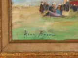 a painting of a group of people sitting on the grass
