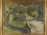 une peinture à l'huile représentant une route de campagne sur laquelle marche une personne