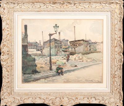 une image représentant un tableau illustrant une scène de rue avec un cheval et une calèche