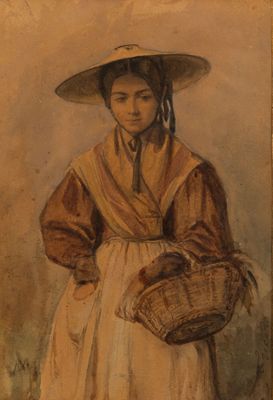 tableau représentant une femme coiffée d'un chapeau de paille et tenant un panier à la main