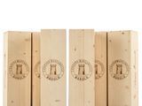 a group of three wooden boxes with a logo on them