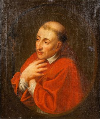 a painting of a man in a red coat with his hands on his chest