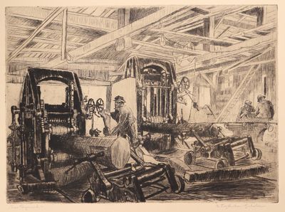 dessin représentant une usine où des ouvriers travaillent sur des machines et des équipements industriels