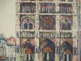 a painting of a large building with a clock on it