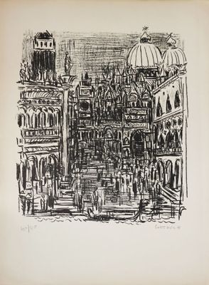 a black and white drawing of a large building with a clock tower