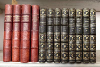 plusieurs vieux livres sont alignés sur une étagère dans une bibliothèque
