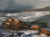 a painting of a seagull flying over a rocky beach