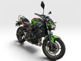 the motorcycle is green and black with a red stripe on it
