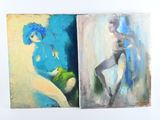 deux tableaux représentant une femme aux cheveux bleus et un homme aux cheveux bleus