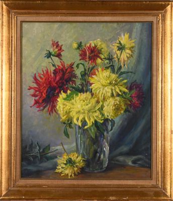 a painting of flowers in a glass vase on a table