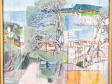 un tableau représentant un banc devant un panorama urbain