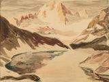 une image représentant un tableau représentant un paysage de montagne avec une rivière