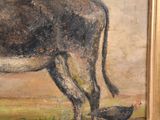 a painting of a cow and a chicken in a field