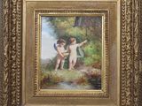une peinture à l'huile représentant deux « cher chers » dans un décor boisé
