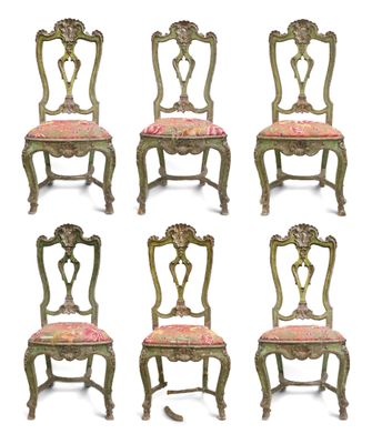 set of six antique chairs with pink upholstered cushions