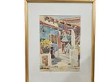 aquarelle encadrée représentant une scène de rue avec un étal de fruits
