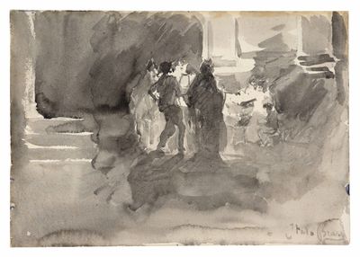 painting of a group of people standing on steps in front of a building