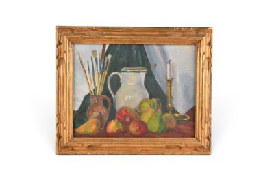 une photo d'une peinture représentant une nature morte avec des pommes et des poires