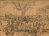 dessin représentant un groupe de personnes assises sur un banc dans un parc