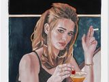 un tableau représentant une femme tenant une cigarette et un verre