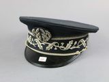 black and gold hat with gold trim on a white background