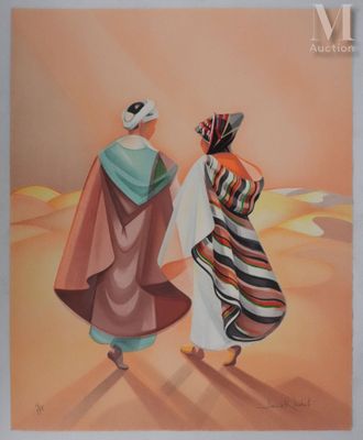 tableau représentant deux femmes marchant dans le désert, avec le ciel en arrière-plan
