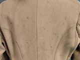 the back of a woman ' s coat with a red velvet trim
