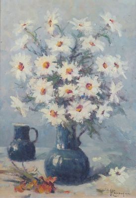painting of a vase of daisies and a pitcher of daisies on a table