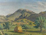 an oil painting of a field with a hay bail and mountains in the background