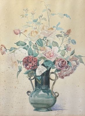 une peinture de fleurs dans un vase sur une table