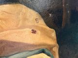 painting of a woman in a yellow dress with a lady bug on her arm