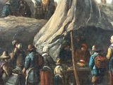 painting of a group of people standing in front of a tent