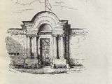 the front cover of a book with a drawing of a building