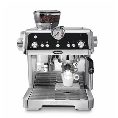 an image of a black and silver coffee machine on a white background