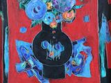 une peinture représentant un vase de fleurs sur une table