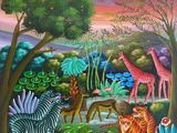 tableau représentant une scène de jungle avec des zèbres, des girafes et d'autres animaux