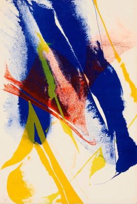 une peinture abstraite composée de lignes bleues, jaunes et rouges