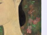 portrait of a woman in a blue dress with flowers in the background