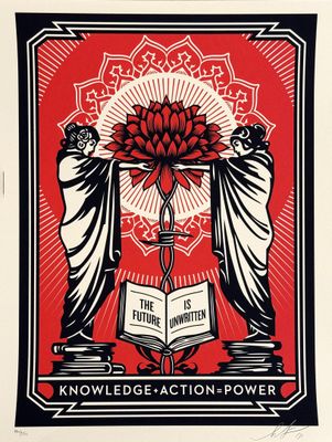 a red and black poster with two women holding a flower and a book