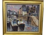 peinture de bateaux amarrés dans un port avec des bâtiments en arrière-plan
