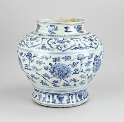 blue and white vase with flowers and vines on a gray background