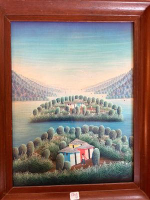 peinture représentant un paysage avec une rivière et une maison au milieu