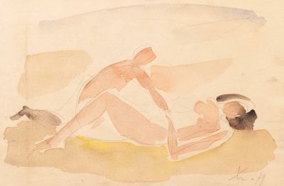 painting of a couple laying on a beach with a dog