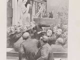 an old newspaper with a drawing of a crowd of people in front of a statue