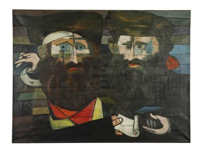 tableau représentant deux hommes portant un chapeau et une barbe, l'un tenant un couteau et l'autre une tasse
