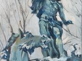 an oil painting of a man on a horse in the snow